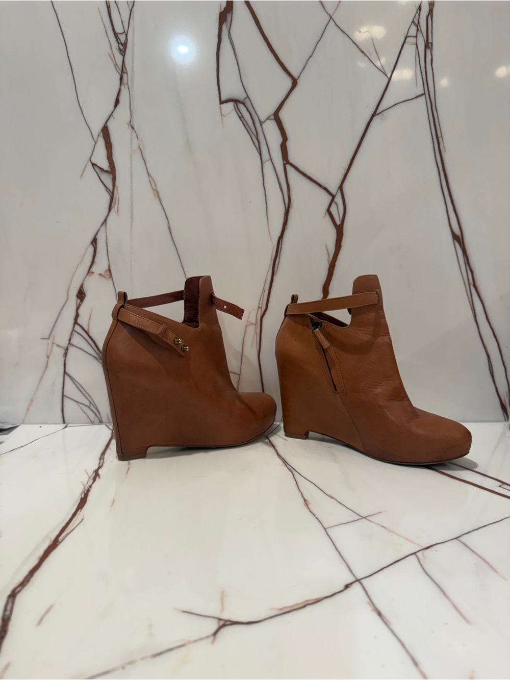 Elizabeth and James Women's Tan Leather Wedge Ankle Boots
